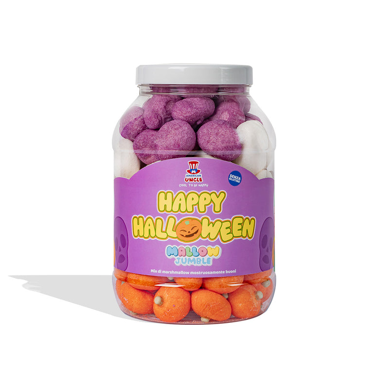 Mallow Jumble "Happy Halloween", Glas mit Marshmallows zum Selberzusammenstellen mit Ihren Lieblingsgeschmacksrichtungen.