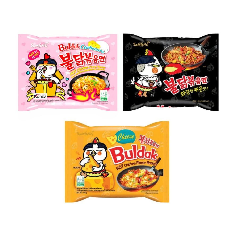 Samyang Buldak Mix: 1 Samyang Buldak Carbonara Hot Chicken Flavor da 130g, 1 Samyang Buldak Hot Chicken Flavor Ramen da 140g, 1 Samyang Buldak Hot Chicken Flavor Cheese 140g 