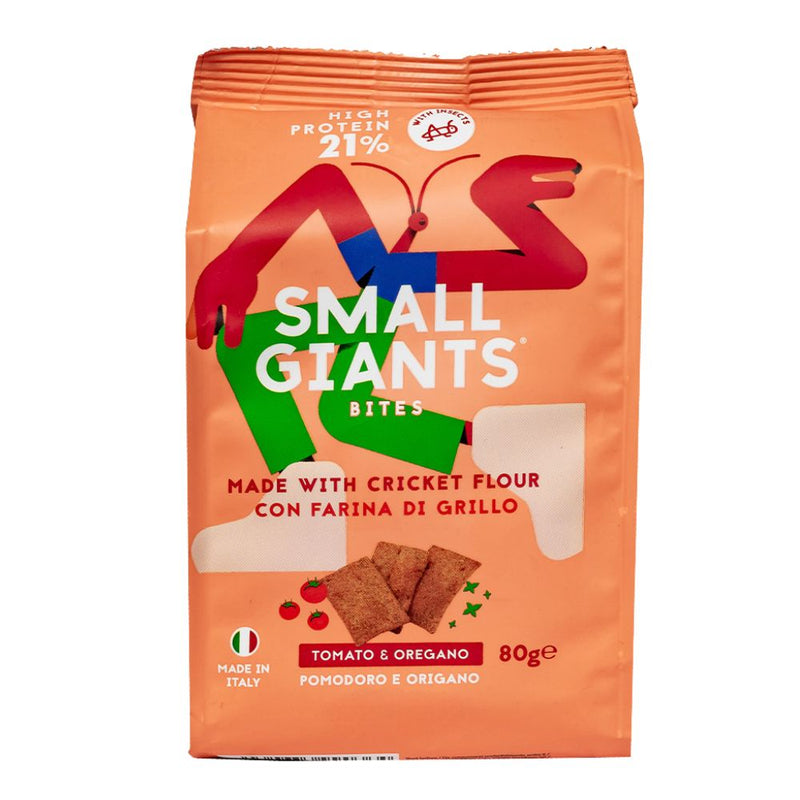 Confezione da 80g, bites aromatizzati al pomodoro e origano Small Giants.