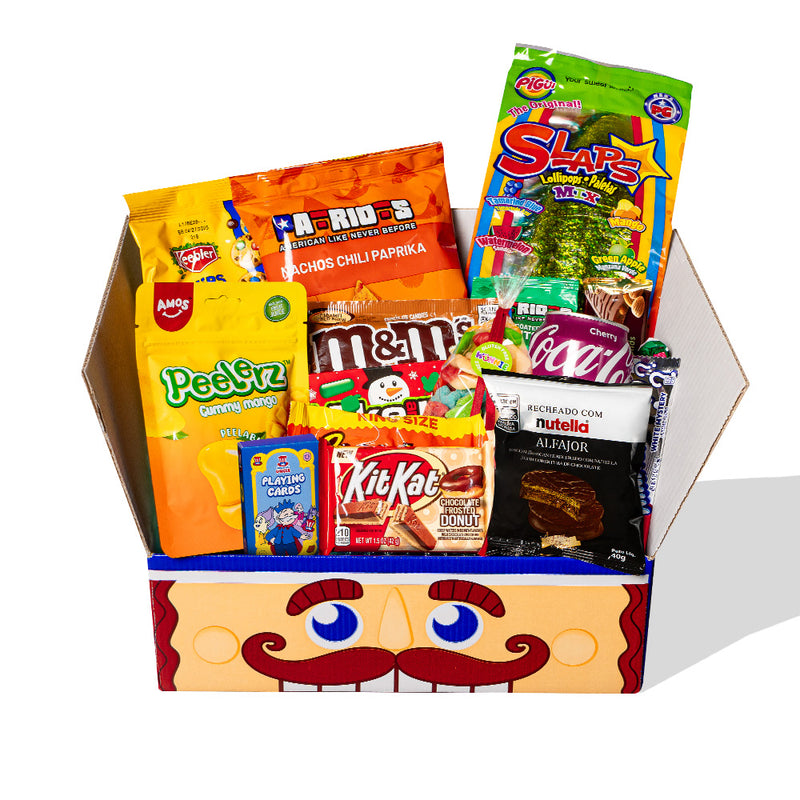 Snack box aus mindestens 15 internationalen Produkten: süß, salzig und Getränke 