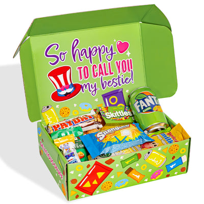 Snack Box “Best Friends Forever”, Überraschungsbox mit 20 süßen, salzigen Snacks und Getränken für die beste Freundin.