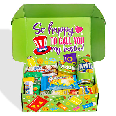 Snack Box “Best Friends Forever”, Überraschungsbox mit 20 süßen, salzigen Snacks und Getränken für die beste Freundin.