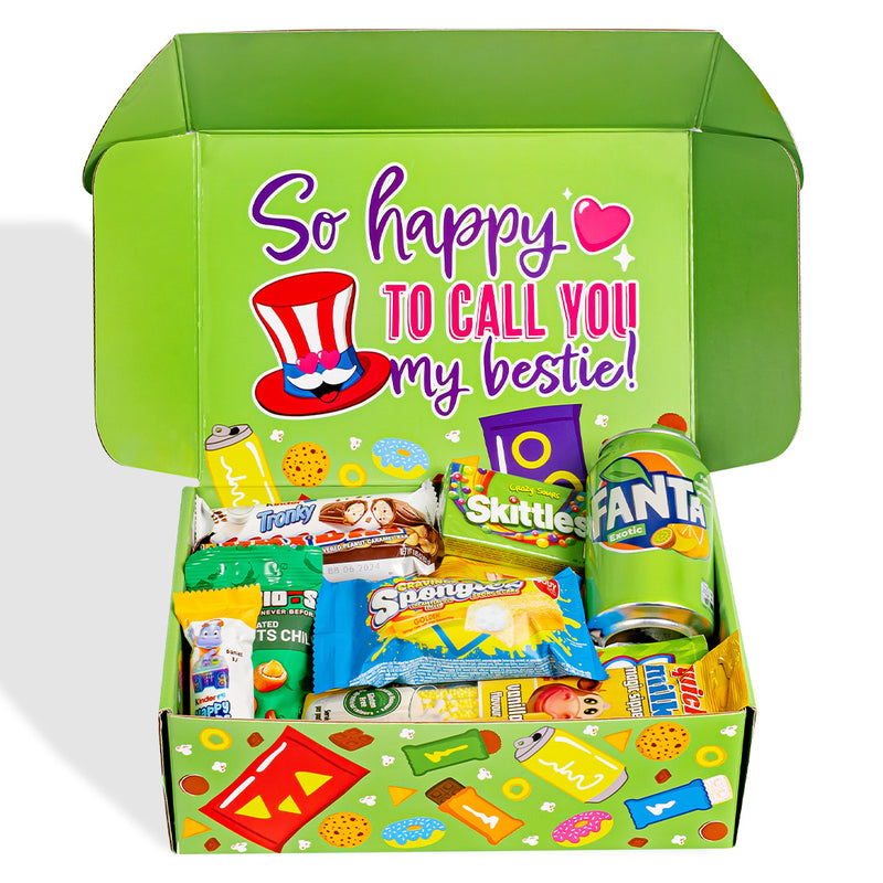 Snack Box “Best Friends Forever”, Überraschungsbox mit 20 süßen, salzigen Snacks und Getränken für die beste Freundin.