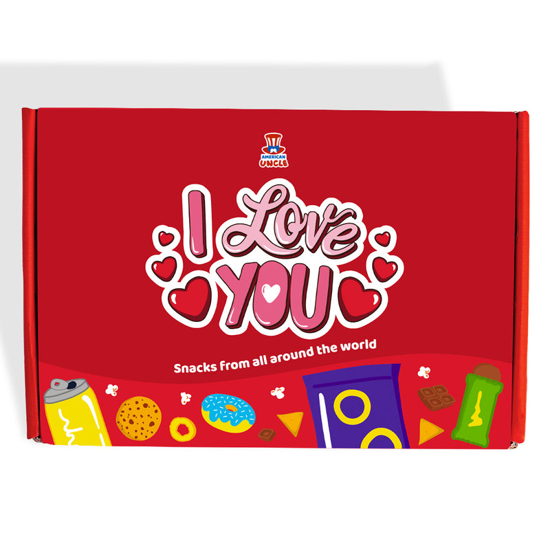 Snack Box I Love You, Überraschungsbox mit 20 süßen, salzigen Snacks und Getränken