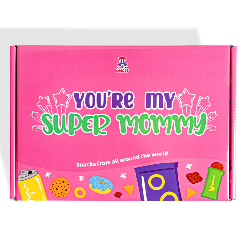 Snack Box "Super Mommy", Überraschungsbox mit 20 süßen, salzigen Snacks und Getränken für die Mutter