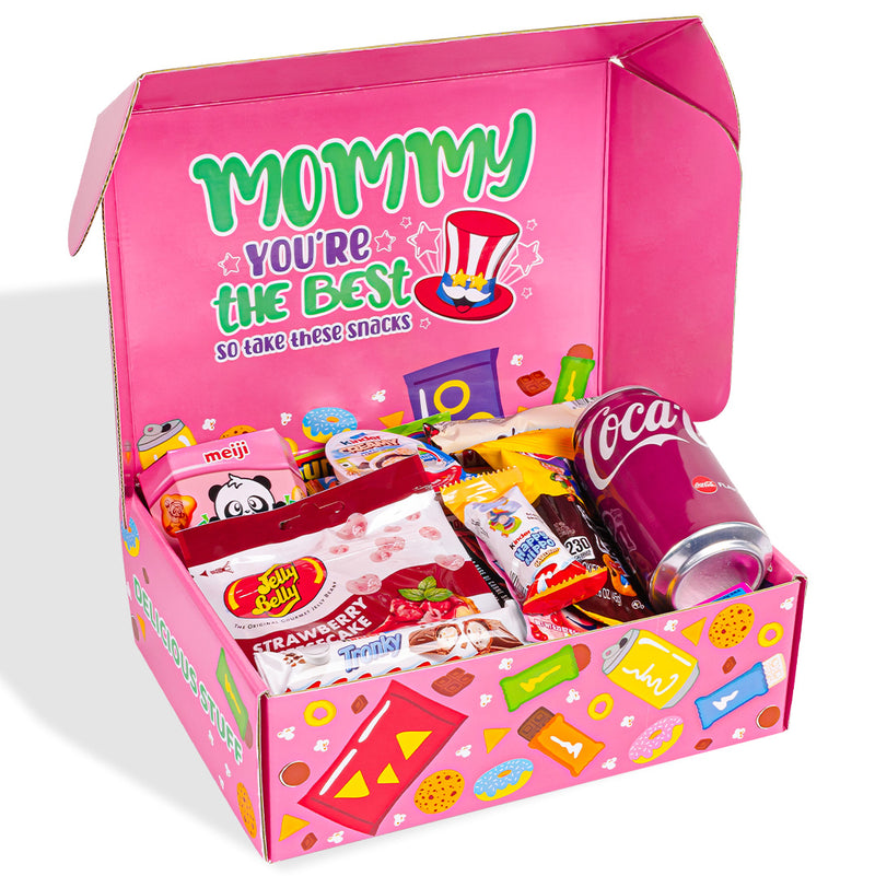 Snack Box "Super Mommy", Überraschungsbox mit 20 süßen, salzigen Snacks und Getränken für die Mutter