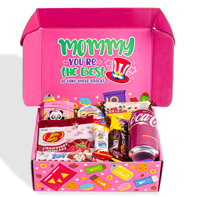 Snack Box "Super Mommy", Überraschungsbox mit 20 süßen, salzigen Snacks und Getränken für die Mutter