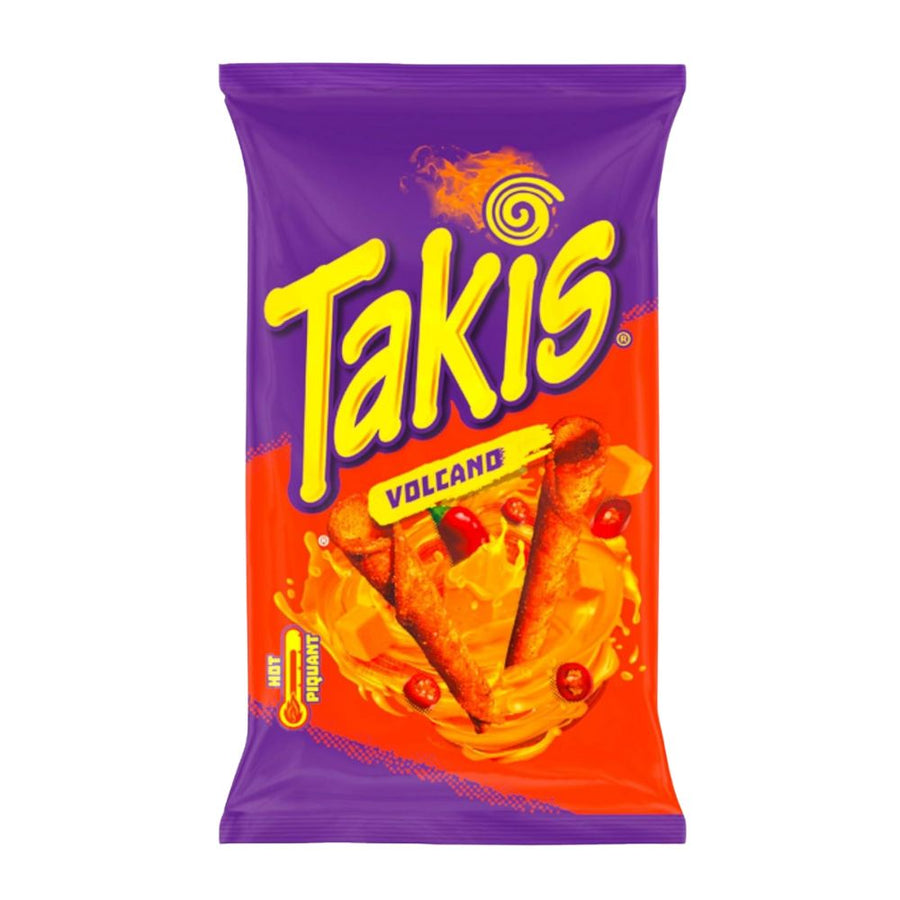 Confezione da 100g di riccioli di tortillas al formaggio e peperoncino Takis Volcano.