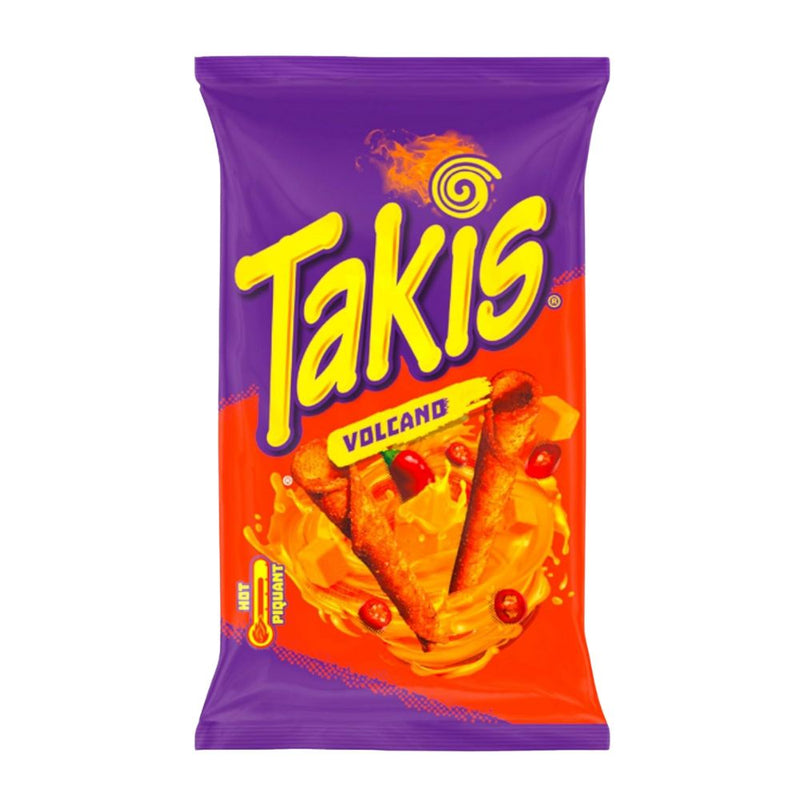 Confezione da 100g di riccioli di tortillas al formaggio e peperoncino Takis Volcano.