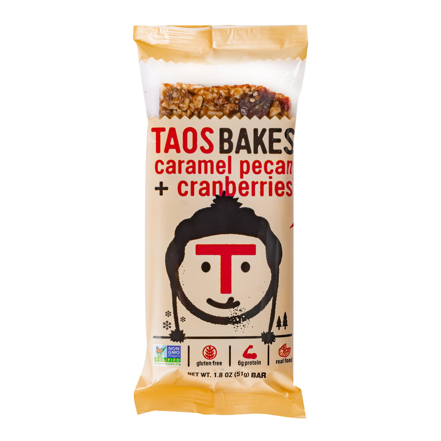 Confezione da 51g di barretta di noci pecan caramellate con mirtilli Taos Bakes Caramel Pecan Cranberries