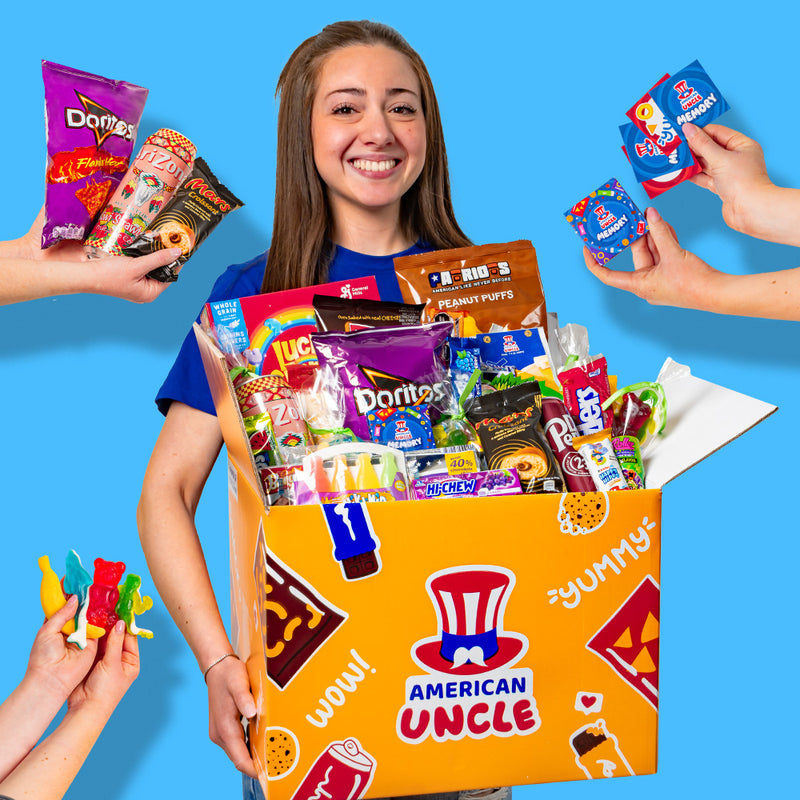 Snack Box mit 90 internationalen Produkten: Süßes, Salziges und Getränke