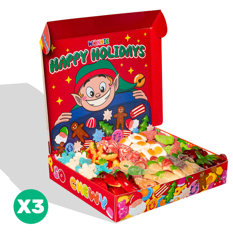 3x Wunnie box „Happy Holidays“, 3 Schachteln Gummibonbons zum Zusammenstellen mit deinen bevorzugten Geschmacksrichtungen