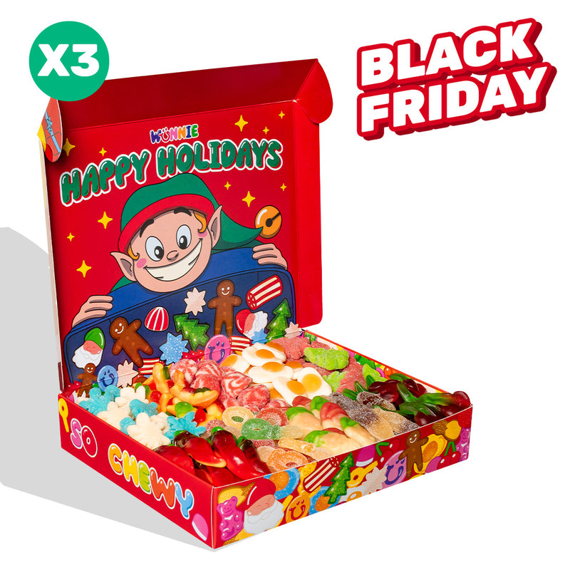 3x Wunnie box „Happy Holidays“, 3 Schachteln Gummibonbons zum Zusammenstellen mit deinen bevorzugten Geschmacksrichtungen