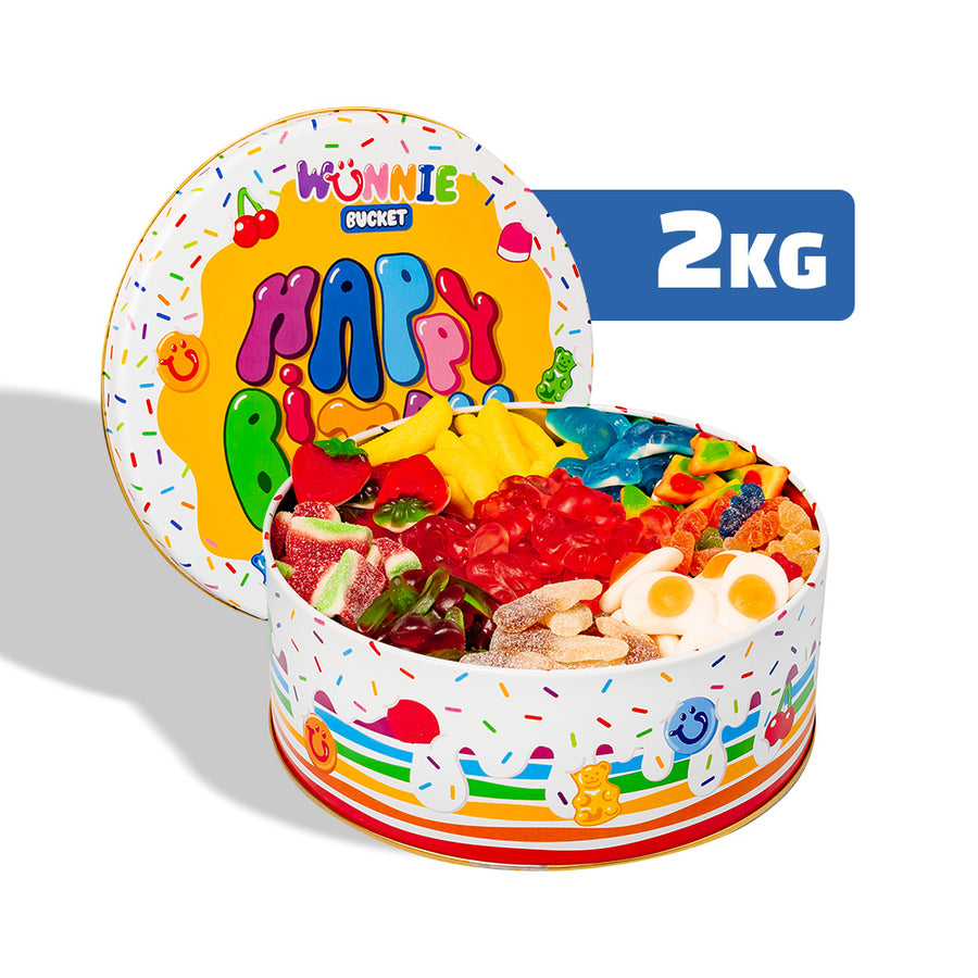 Latta da comporre di caramelle gommose da 2kg Wunnie Bucket Happy Birthday