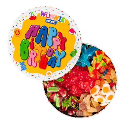 Wunnie Bucket „Happy Birthday“, Dose mit Gummibonbons zum Zusammenstellen mit den Lieblingsgeschmäckern des Geburtstagskindes - 2 kg 