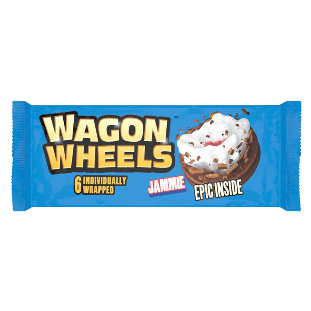 Confezione da 243g, biscotti ripieni di marshmallow e marmellata al gusto di lampone ricoperti di cioccolato Wagon Wheels.