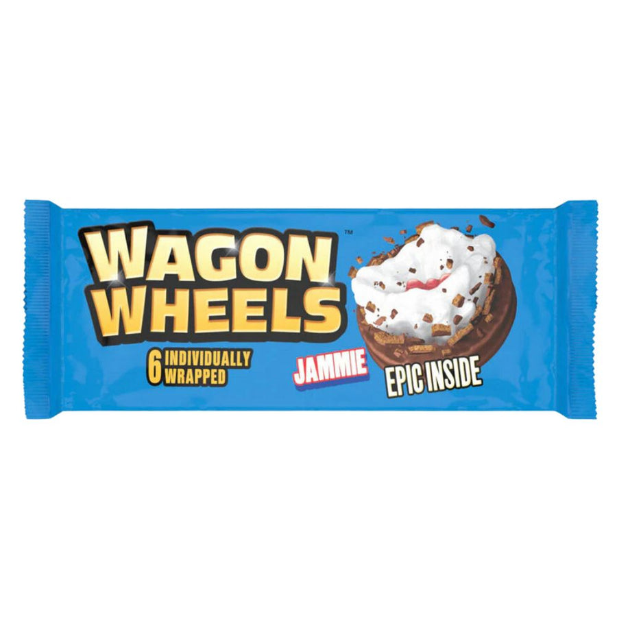Confezione da 243g, biscotti ripieni di marshmallow e marmellata al gusto di lampone ricoperti di cioccolato Wagon Wheels.