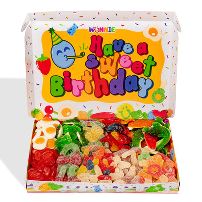 Wunnie Box Happy Birthday, die Candy Box zum Zusammenstellen mit den Lieblings-Gummisüßigkeiten des Geburtstagskindes