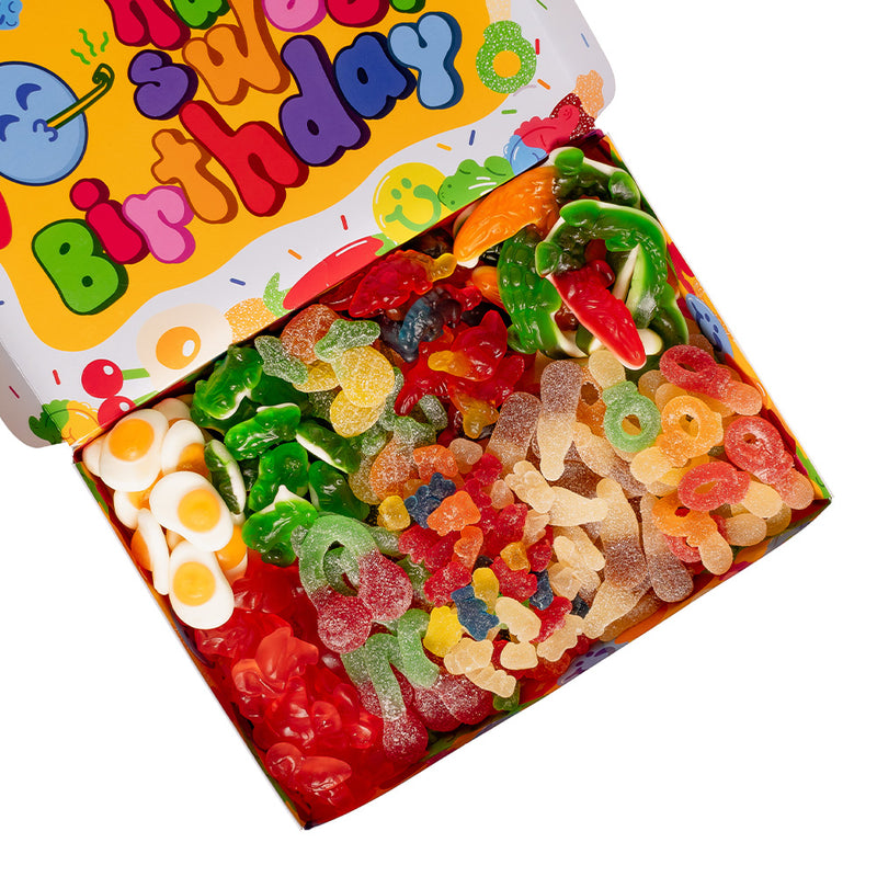 Wunnie Box Happy Birthday, die Candy Box zum Zusammenstellen mit den Lieblings-Gummisüßigkeiten des Geburtstagskindes