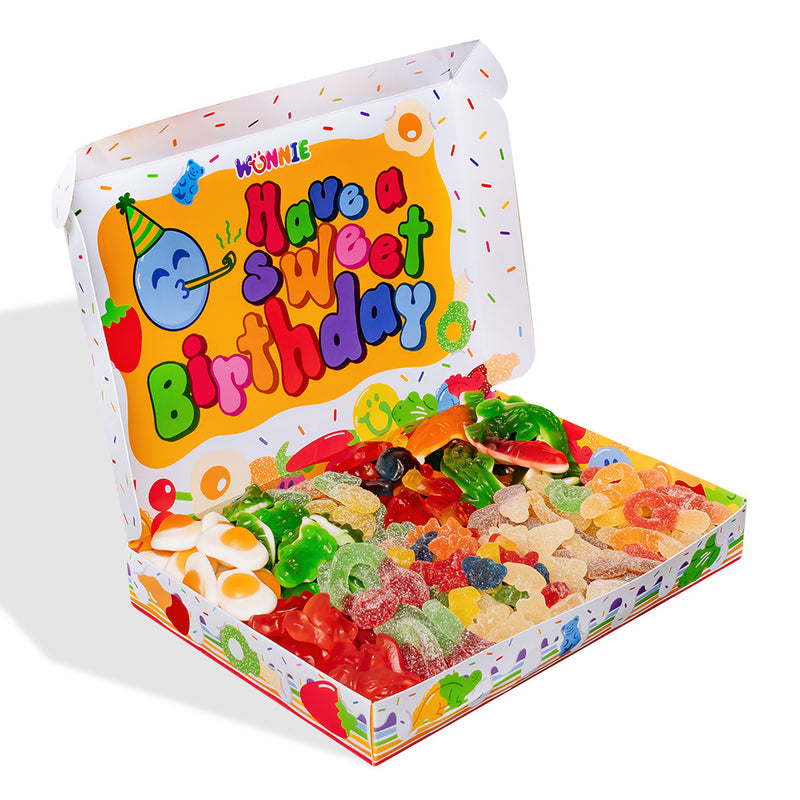 Wunnie Box Happy Birthday, die Candy Box zum Zusammenstellen mit den Lieblings-Gummisüßigkeiten des Geburtstagskindes