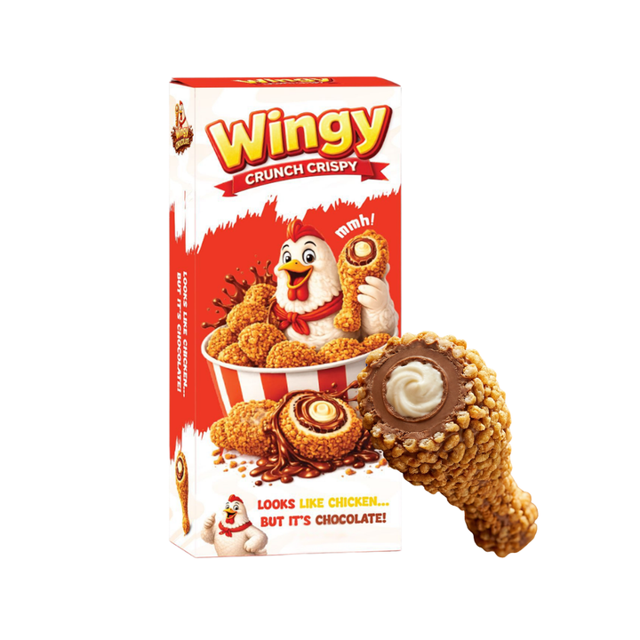 Wingy Crunch Crispy Chicken Chocolate, cioccolato con ripieno cremoso ricoperto da pezzetti di biscotto caramellato da 50g