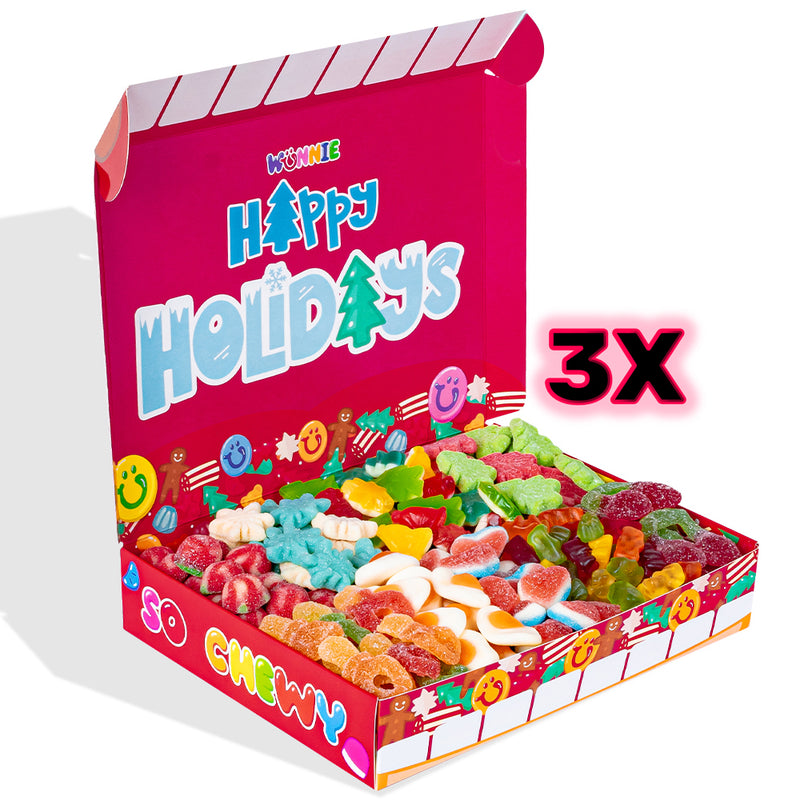 3x Wunnie box „Happy Holidays“, 3 Schachteln Gummibonbons zum Zusammenstellen mit deinen bevorzugten Geschmacksrichtungen