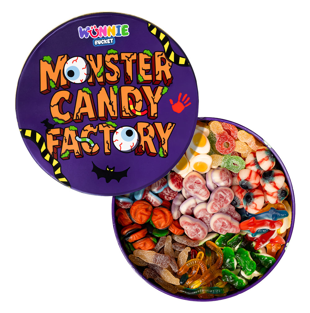 Wunnie bucket Frohes Halloween, geöffnet mit Gummibonbons