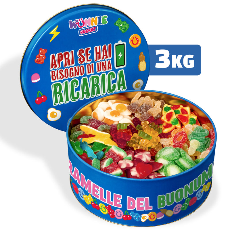 Wunnie Bucket "Öffne, wenn du eine Aufladung brauchst", 3kg Dose mit Gummibonbons, die du mit deinen Lieblingsgeschmäckern zusammenstellen kannst 