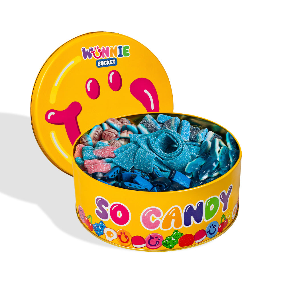 Wunnie bucket blaue Mischung: volle Dose mit blauen Gummibonbons