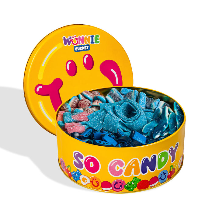 Wunnie bucket blaue Mischung: volle Dose mit blauen Gummibonbons