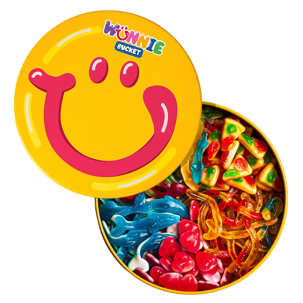 Wunnie Bucket mit glatten Gummibonbons wie Herzen, Delfinen, Pizzen