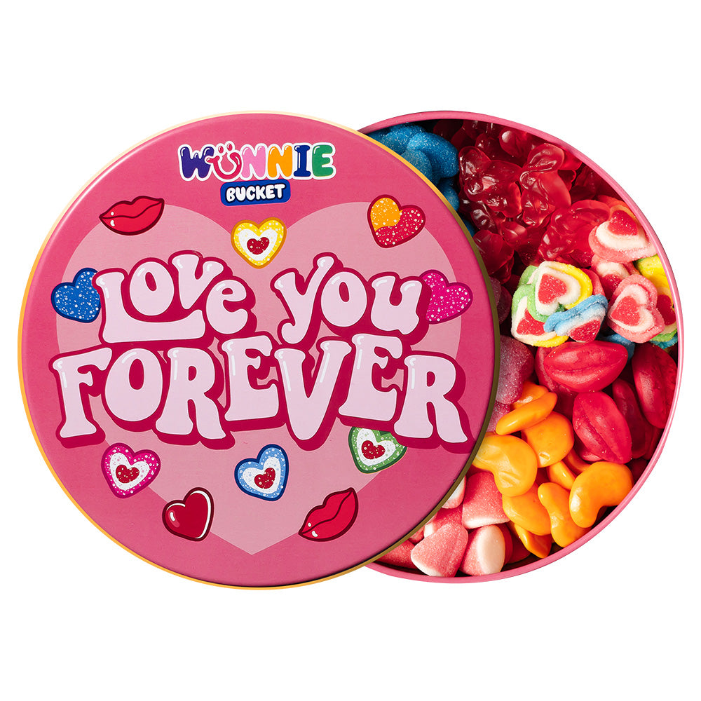 Wunnie Bucket „Love You Forever“, 2-kg-Dose mit Gummibonbons, die mit den Lieblingsgeschmäckern deines Partners zusammengestellt werden kann 