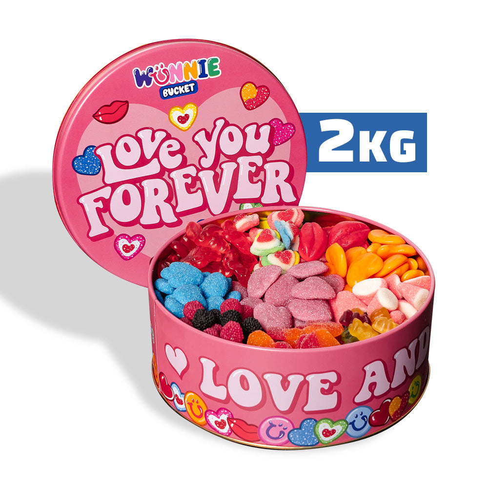 Wunnie Bucket „Love You Forever“, 2-kg-Dose mit Gummibonbons, die mit den Lieblingsgeschmäckern deines Partners zusammengestellt werden kann 