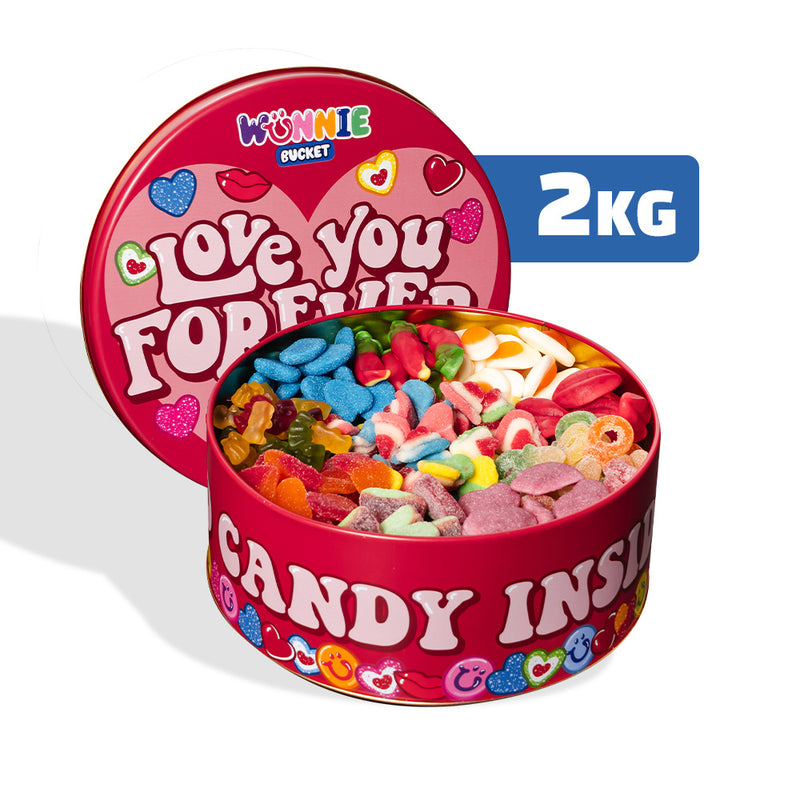 Wunnie Bucket „Love You Forever“, Dose mit Gummibonbons, die mit den Lieblingsgeschmäckern deines Partners zusammengestellt werden kann - 2kg 
