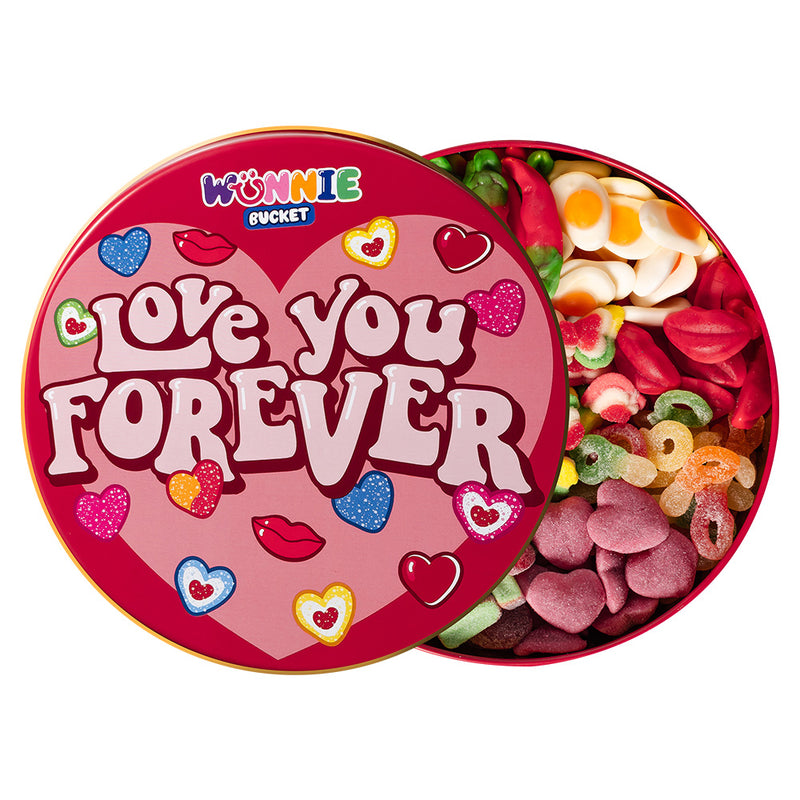 Wunnie Bucket „Love You Forever“, 3kg Dose mit Gummibärchen, die mit den Lieblingsgeschmäckern deiner besseren Hälfte zusammengestellt werden kann 