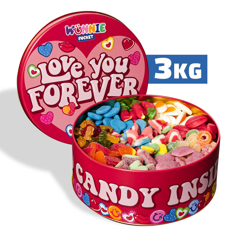 Wunnie Bucket „Love You Forever“, 3kg Dose mit Gummibärchen, die mit den Lieblingsgeschmäckern deiner besseren Hälfte zusammengestellt werden kann 