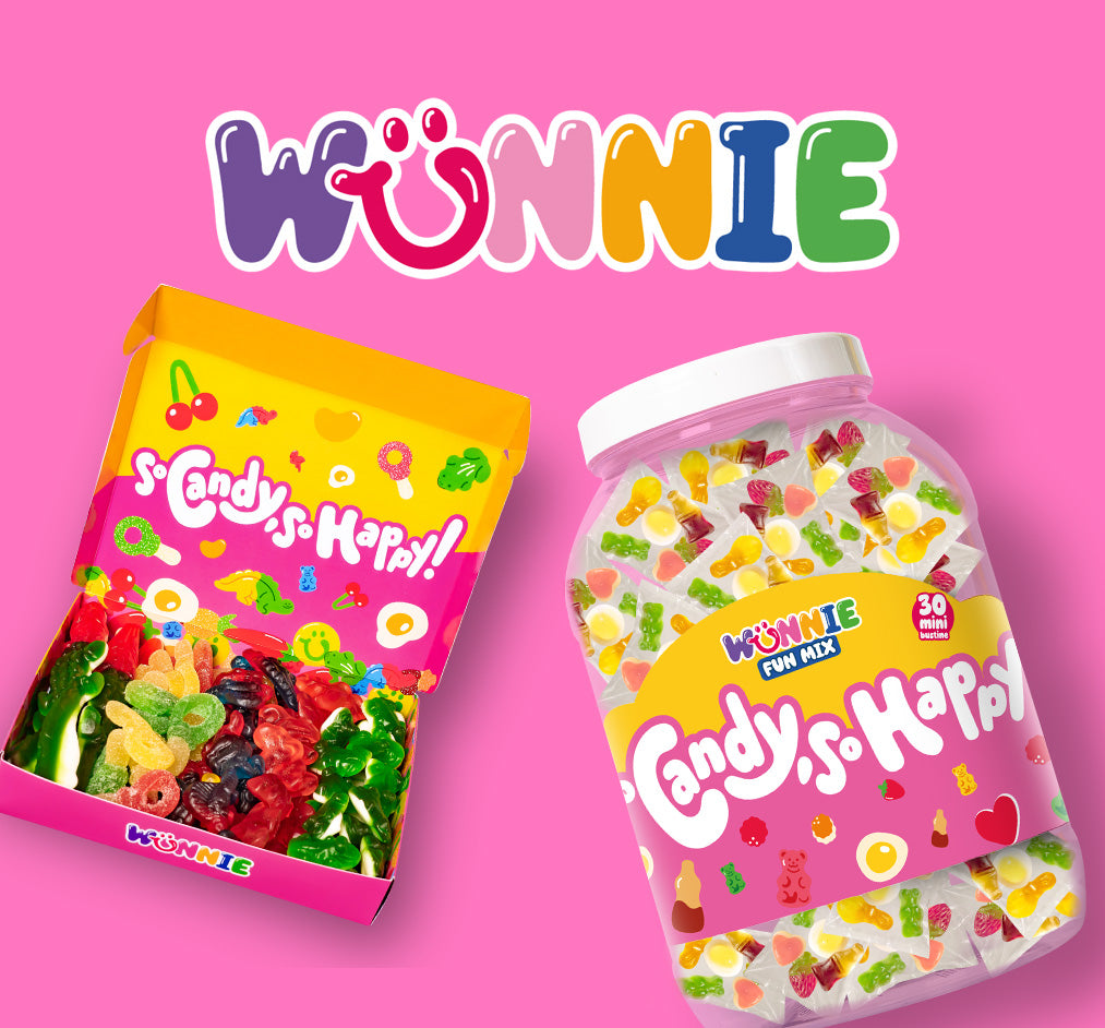 Prodotti Wunnie con barattolo Wunnie Fun Mix e mini Wunnie Box