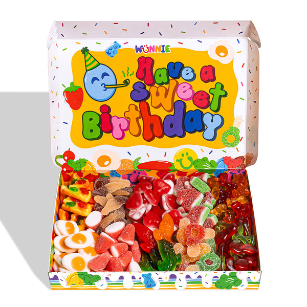 Wunnie box „Happy Birthday“, das Candy box zum Zusammensetzen mit den Lieblings-Gummibärchen des Geburtstagskindes 