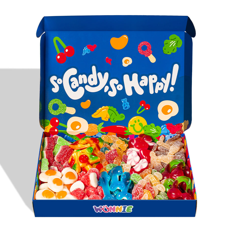 Blaue Gummibonbon-Box mit der Aufschrift So Candy so Happy