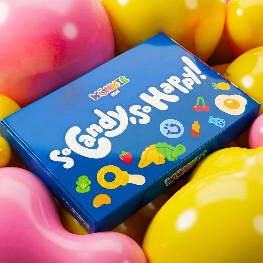 Wunnie box Fizzy Mix, scatola di caramelle gommose blu con slogan so Candy so Happy
