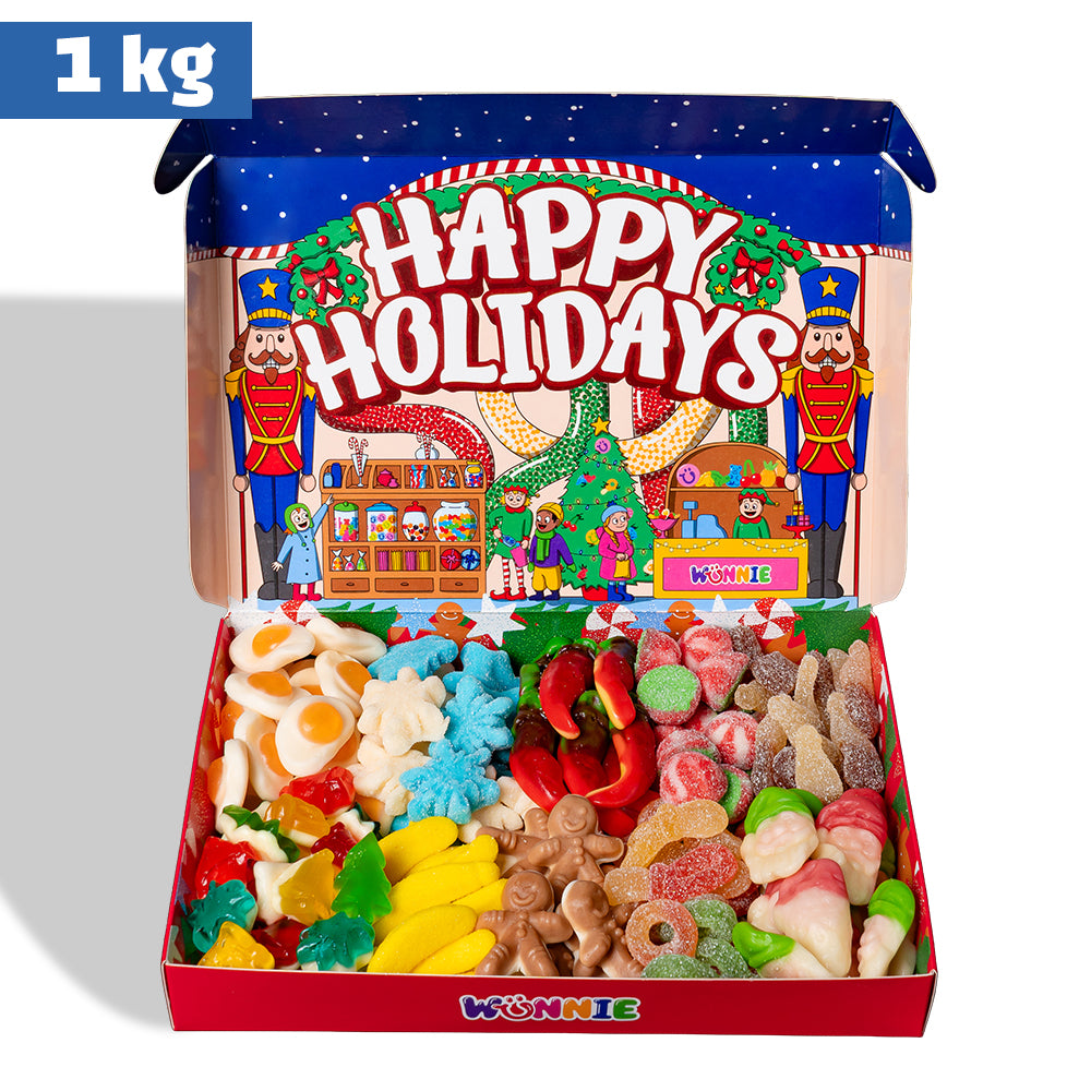 Wunnie box „Frohe Feiertage“, das Candy box zum Zusammenstellen mit deinen Lieblingsgummibärchen - 1 kg 
