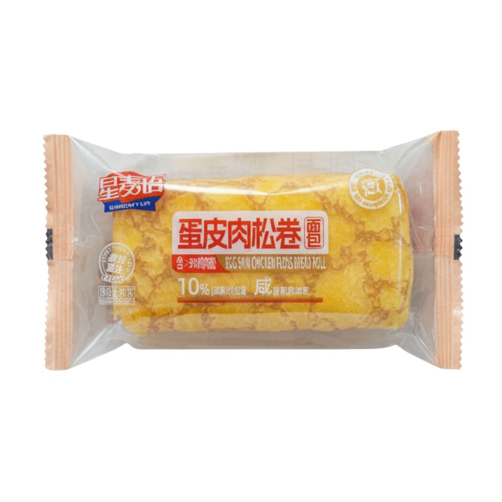 Xing Mai Yu Egg Skin Chicken Floss Bread Roll, 80g Eirolle gefüllt mit Hühnerfleischflocken 