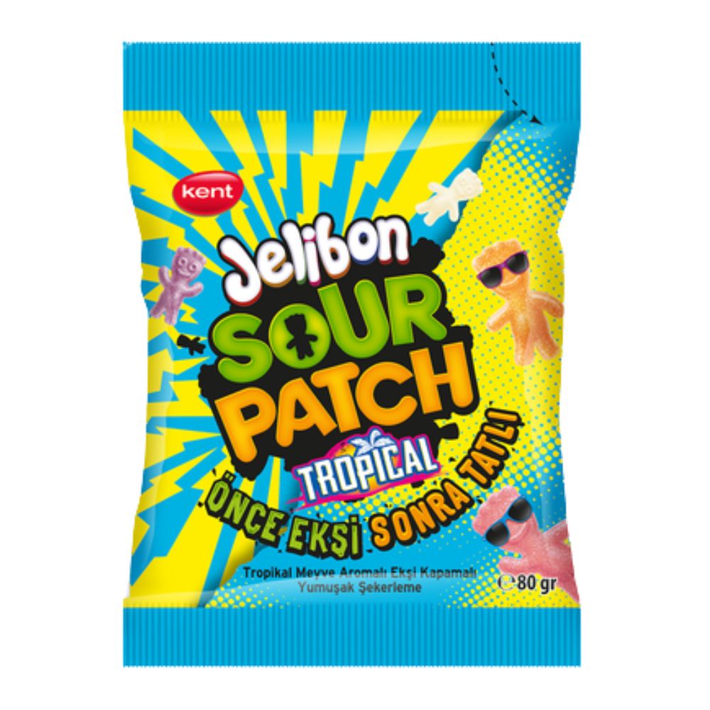 Jelibon Sour Patch Tropical, caramelle gommose gusto di frutta tropicale da 80g.