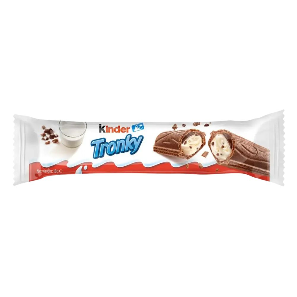 Confezione da 18g di wafer ripieno di latte, cioccolato e pezzi di biscotti Kinder Tronky Milk & Biscuits