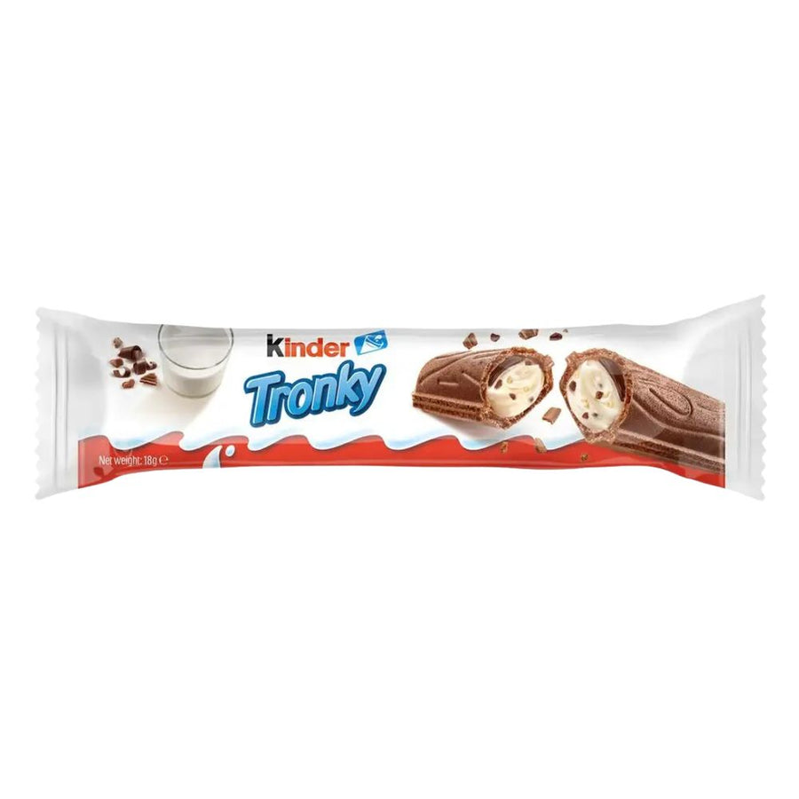 Confezione da 18g di wafer ripieno di latte, cioccolato e pezzi di biscotti Kinder Tronky Milk & Biscuits