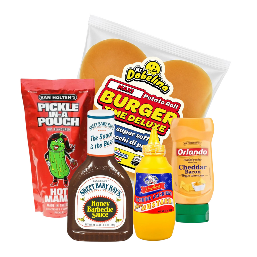 Kit burger Maxi con panini maxi, cetrioli, salsa barbecue, cheddar e mostarda