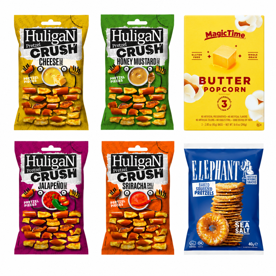Box, 6 snack croccanti al gusto formaggio, miele e senape, burro, jalapeno, sriracha e sale marino