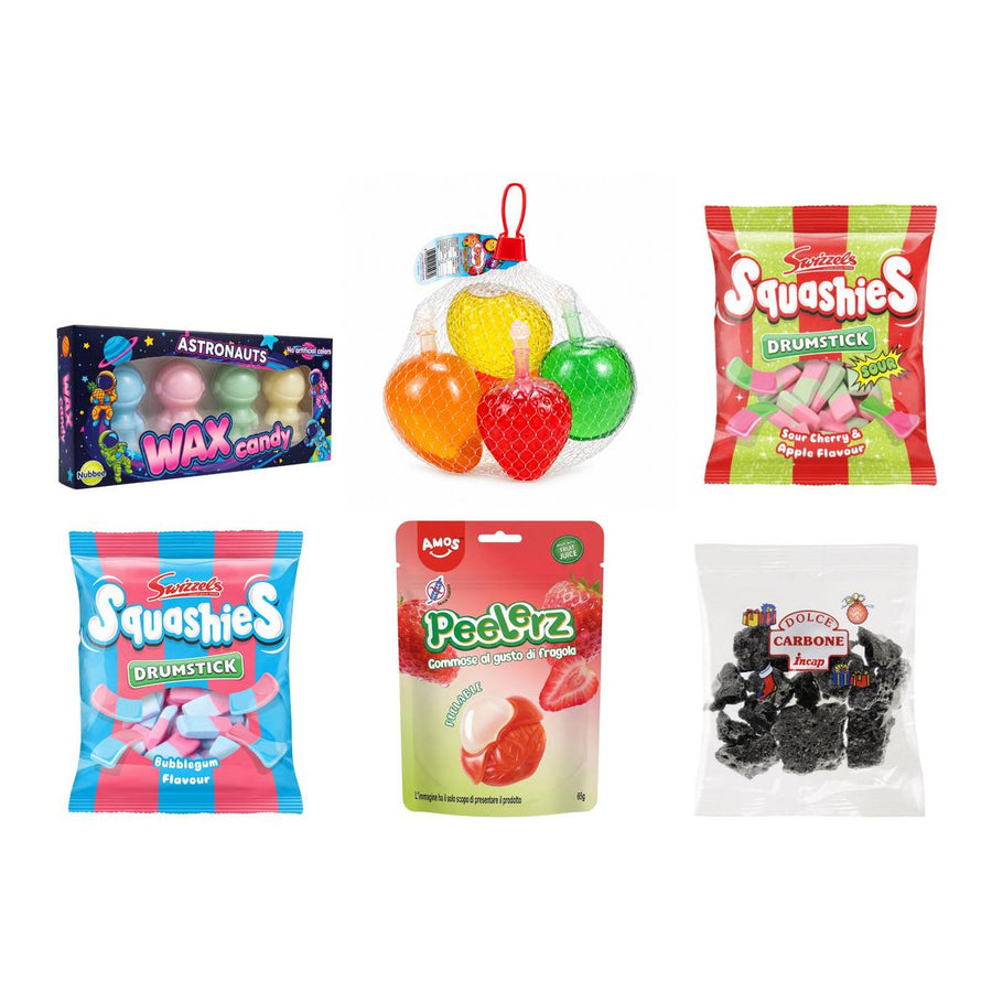 Bundle, 6 Bonbons mit Geschmack von Flüssigwachs, flüssiger Frucht, Kirsche und Apfel, Bubblegum, Erdbeere und süßer Kohle