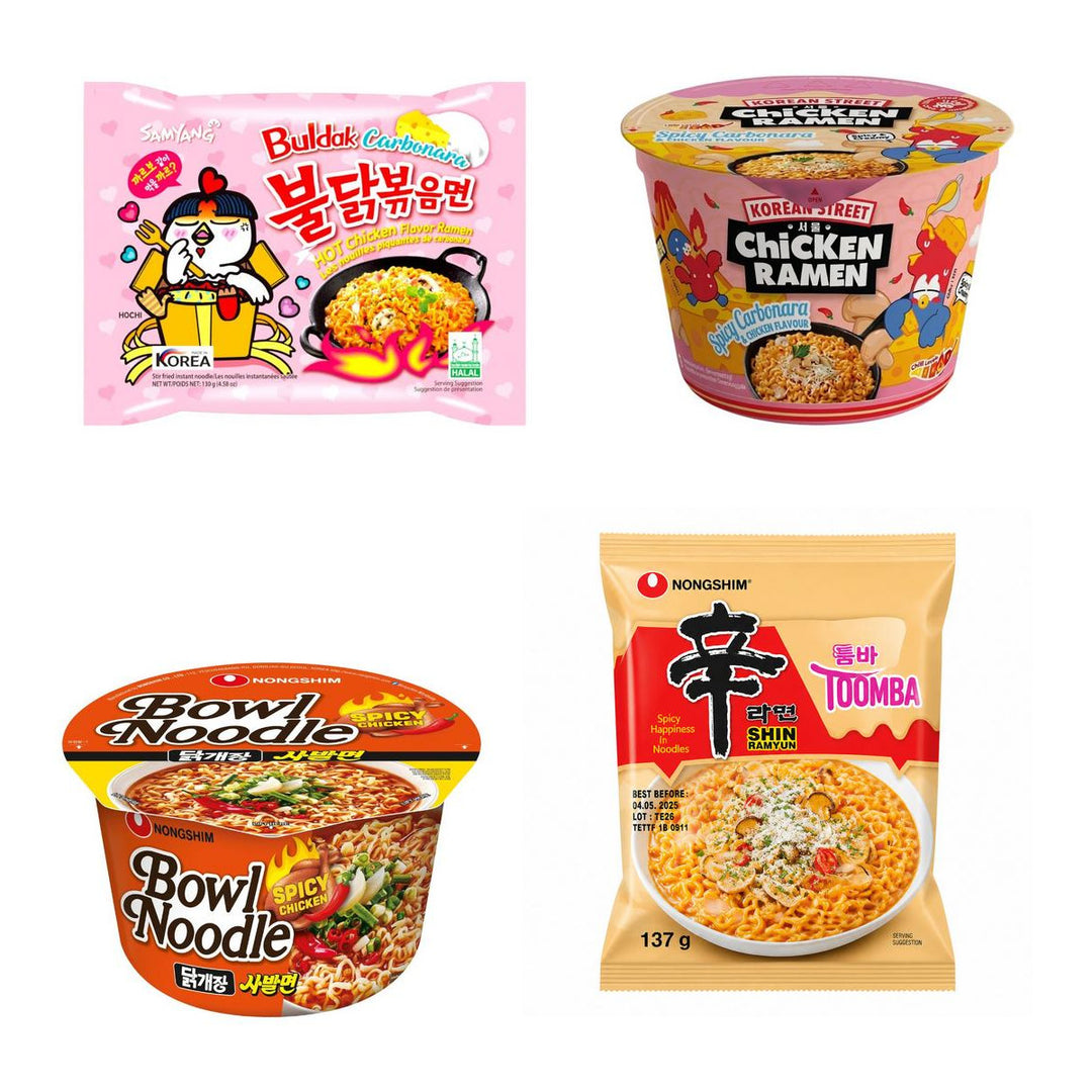 Noodles Kit, 4 Instantnudeln mit Geschmack nach Carbonara Hot Chicken, würziger Carbonara, scharfem Hähnchen und würzigem Käse