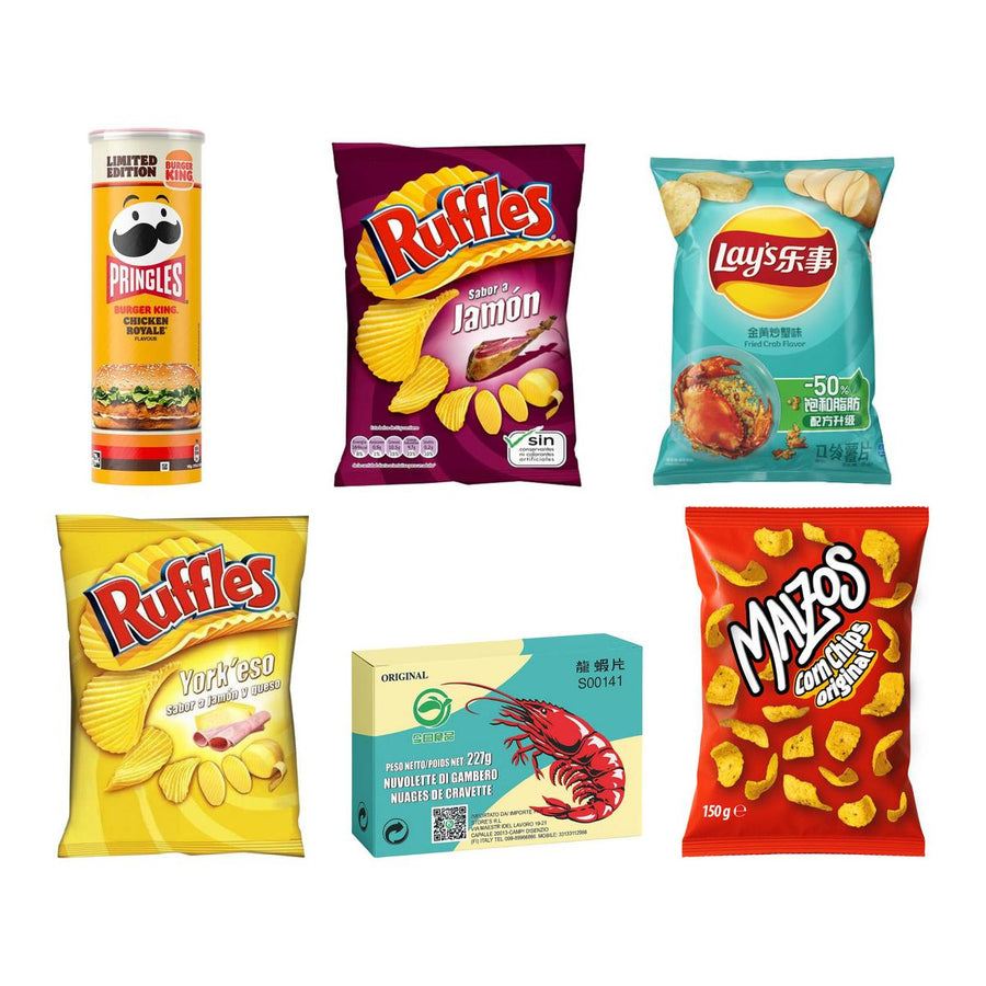Snack-Set mit Chips, 6 Chips mit Chicken Royale-Geschmack, Schinken, Krabbe, Käse und Schinken, Garnele und Original